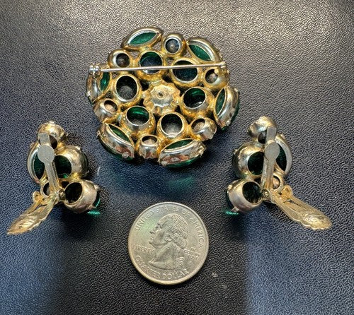 Vintage Brooch Clip On Earrings Set Gold Tone Blue Green Rhinestone