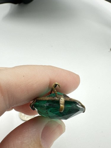 Incredible Antique Early Art Deco Made In Czechoslovakia Green Glass Brooch