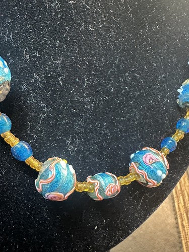 Antique Vintage Venetian Turquoise Blue Foil Glass Wedding Cake Bead Necklace