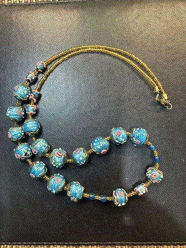 Antique Vintage Venetian Turquoise Blue Foil Glass Wedding Cake Bead Necklace