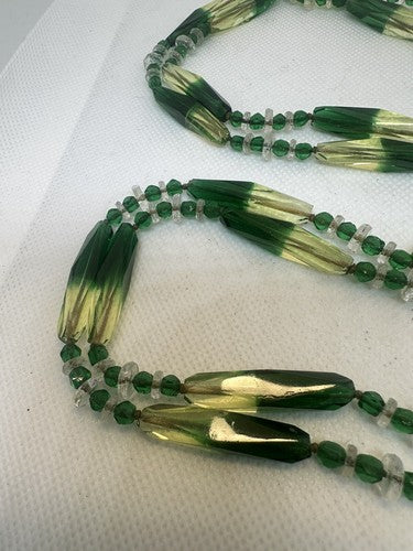 Antique Czech Uranium Vaseline Glass Faceted Bead Necklace Art Deco Flapper 50"