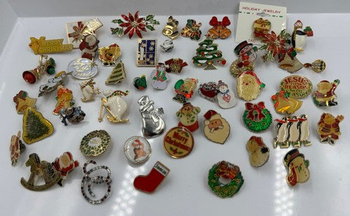 Christmas Lapel Flat Brooch Pin Lot Vintage to Modern 55 pcs Some Signed