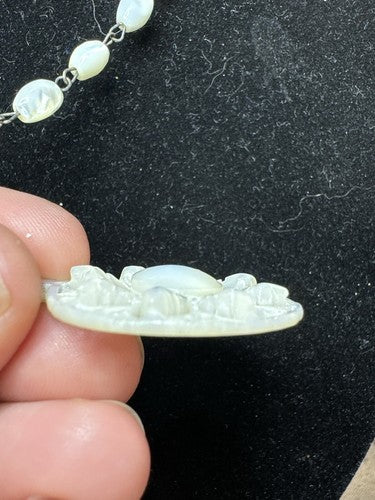 Vintage Carved Mother of Pearl Star Necklace Bethlehem 19” 2.5” Drop