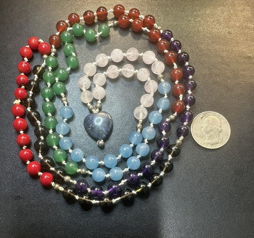 108 Bead Rainbow Amethyst Rose Quartz Lapis Carnelian Necklace Knotted Mala .925