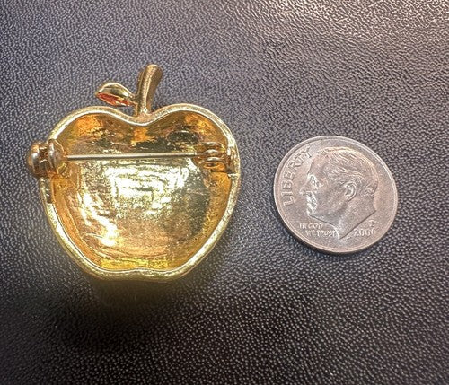 American Flag Apple Brooch Pin Gold Tone Rhinestones Red White & Blue Enamel