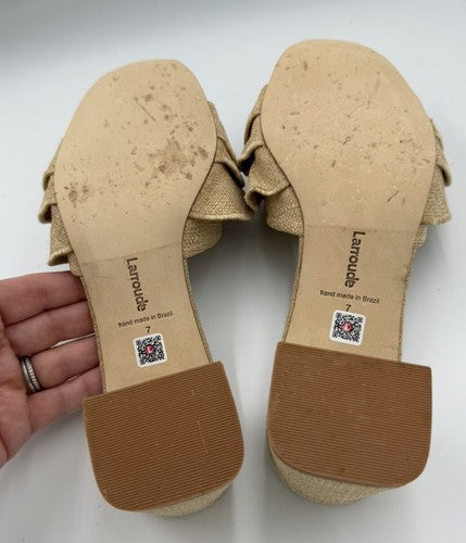 Larroude Brigitte Ruffle Mule Size 7 Beige Raffia Block Heel Sandal Brigite