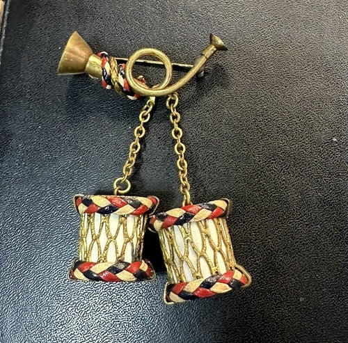 WWII Patriotic Red White Blue Braided Leather Drum Bugle Sweetheart Brooch