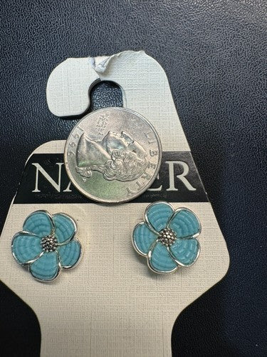 Napier New Blue Flower Silver Tone Pierced Earrings