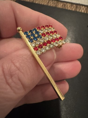Crystal Rhinestone Brooch Pin Flag American USA Red White Blue Gold Tone Vintage