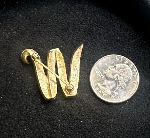 CROWN TRIFARI M/W Initial Pin Brooch, 1960s Textured Gold Tone, Vtg. Signed