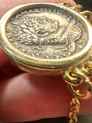 Gold Tone Greek Coin Replica with Draping Chains - Caracalla - Pin Brooch