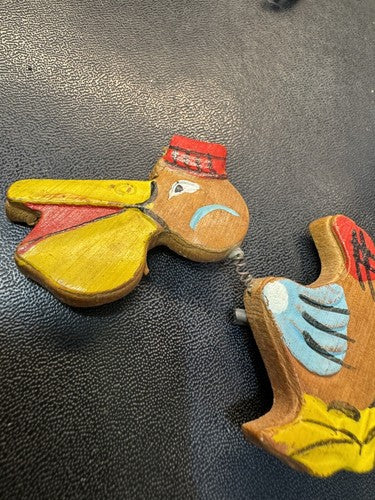 Vintage Pelican Hand Carved Painted Wood Pin Brooch Articulated