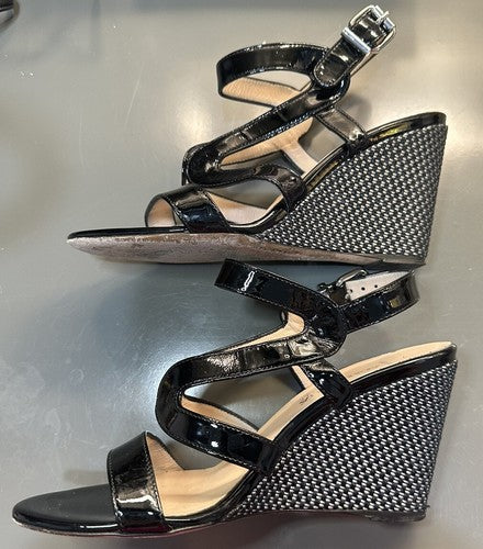 Aquatalia Patent Leather Surprise Wedge Upscale Espadrille Sandals Black, Size 7