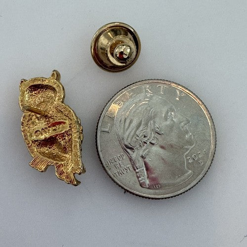 Avon Owl Brooch Pin Gold Tone Green Rhinestone Eyes May Birthstone Faux Emerald