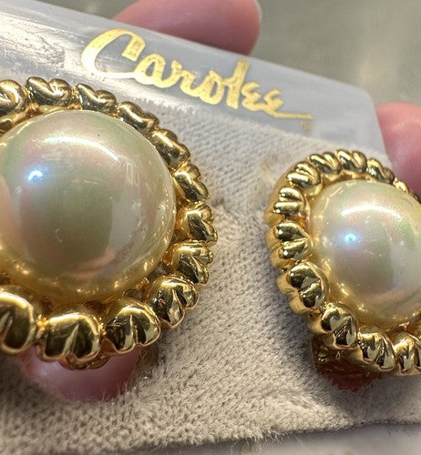 Vintage NWT CAROLEE Signed Faux Mabe Pearl Gold Tone Elegant Earrings Clip-on