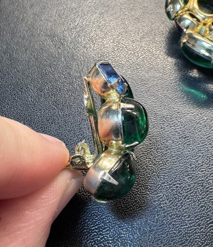 Vintage Brooch Clip On Earrings Set Gold Tone Blue Green Rhinestone