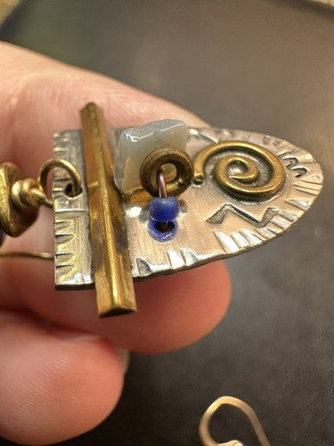 Marcia Q Miller~Lapis Lazuli, Stamped Pewter & Brass Earrings