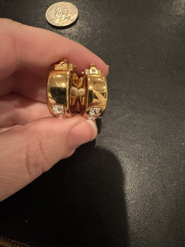 Vintage Swarovski Chunky Half Hoop Crystal Gold Clip On Earrings