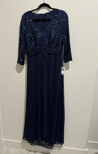 Alex Evenings Sequin Three Quarter Sleeve Evening Gown Dress 8 Navy Blue NWT