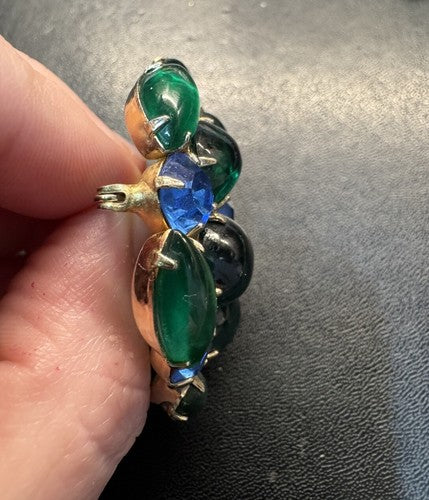 Vintage Brooch Clip On Earrings Set Gold Tone Blue Green Rhinestone