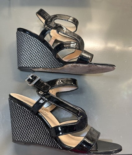 Aquatalia Patent Leather Surprise Wedge Upscale Espadrille Sandals Black, Size 7