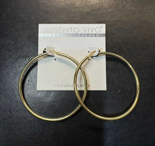 Argento Vivo STERLING SILVER Large Tubular Hoop Earrings GOLD Color 2.5” NEW