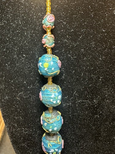 Antique Vintage Venetian Turquoise Blue Foil Glass Wedding Cake Bead Necklace