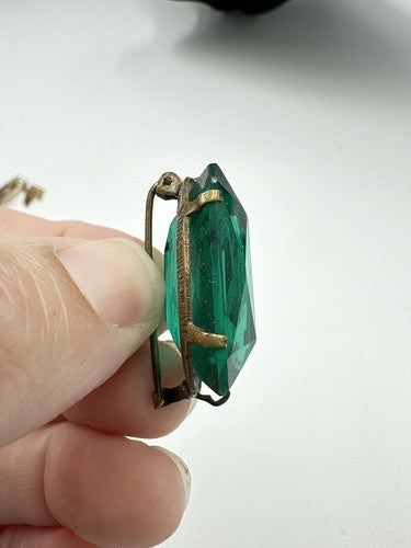 Incredible Antique Early Art Deco Made In Czechoslovakia Green Glass Brooch