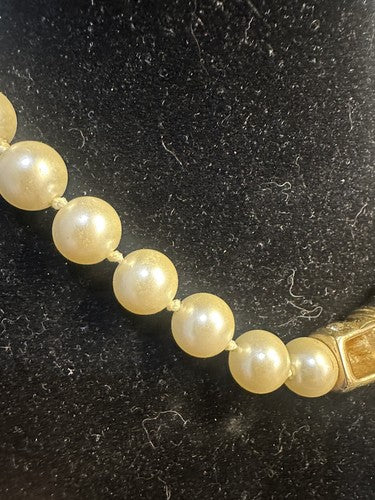 Vintage Swarovski Faux Pearls Necklace With Gold Tone Crystal Enamel Feature