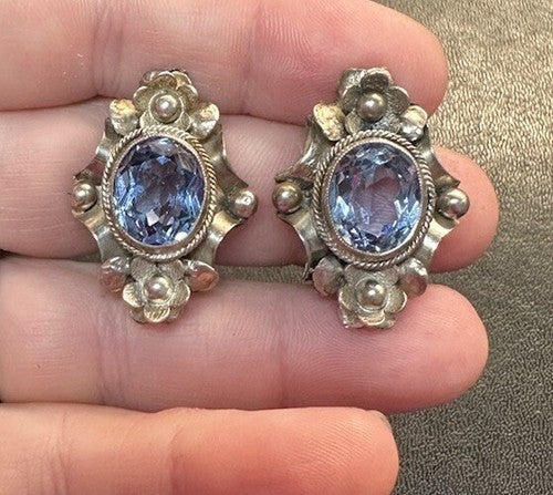 Peruzzi 800 Sterling Silver Clip On Earrings Blue Aquamarine Gemstone Oval