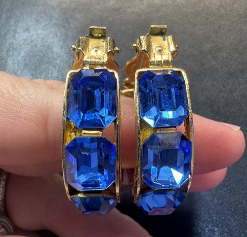 VTG Vendome Clip Earring Signed Stunning Blue Rhinestone Hoops Gold