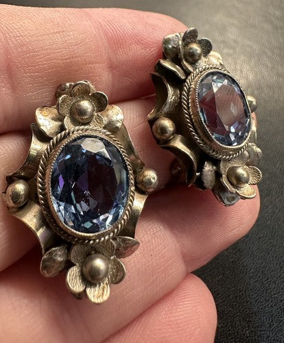 Peruzzi 800 Sterling Silver Clip On Earrings Blue Aquamarine Gemstone Oval