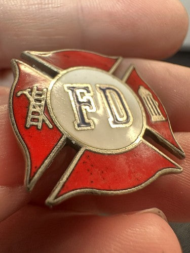 Vintage Fire Department FD Maltese Cross Enamel Lapel Pin Tie Tac/Tack