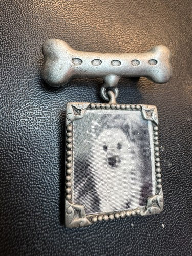 Vintage Signed JJ Dog Photo Frame With Bone Silver Tone Brooch Pin Jewelry