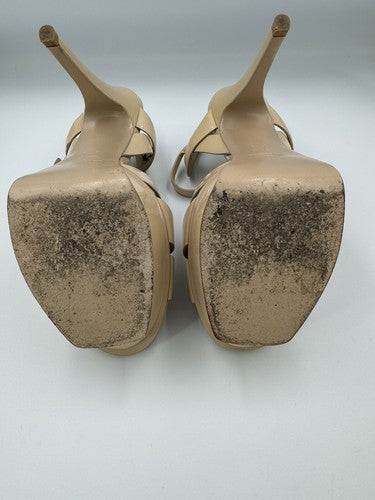 YSL SAINT LAURENT Tribute Patent Leather Platform Heels 37.5 7 Nude Strappy