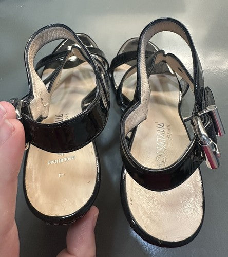 Aquatalia Patent Leather Surprise Wedge Upscale Espadrille Sandals Black, Size 7
