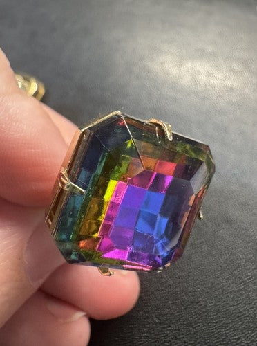 Vintage Rainbow Prism Statement Rhinestone Crystal Clip On Earrings