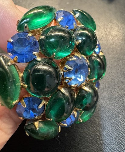 Vintage Brooch Clip On Earrings Set Gold Tone Blue Green Rhinestone