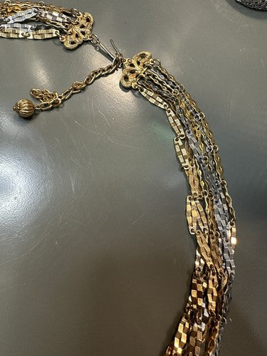 Vintage Faceted Etched Metal Chain Necklace Multi Strand Gold Silver Tone