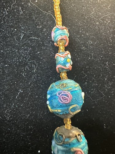Antique Vintage Venetian Turquoise Blue Foil Glass Wedding Cake Bead Necklace