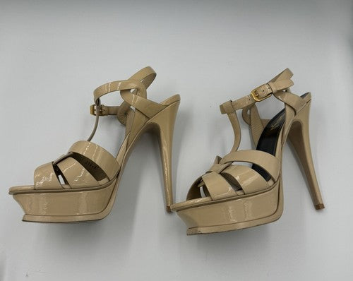 YSL SAINT LAURENT Tribute Patent Leather Platform Heels 37.5 7 Nude Strappy