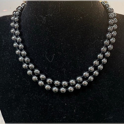 Vintage Hematite Beaded Double Strand Choker Necklace Signed 16.5” 116g