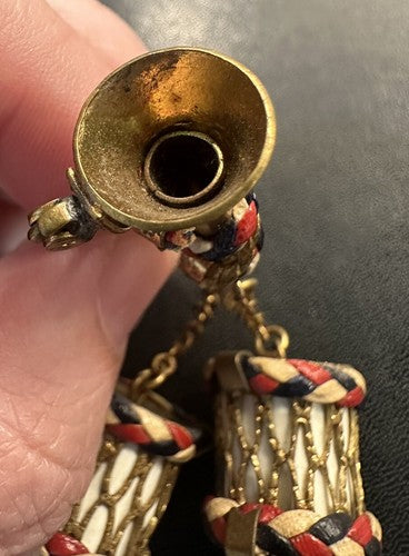 WWII Patriotic Red White Blue Braided Leather Drum Bugle Sweetheart Brooch