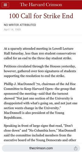 1969 Vietnam Strike Anti-SDS Keep Harvard Open Ribbon University College