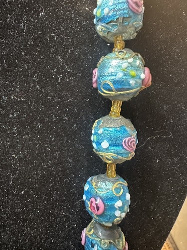 Antique Vintage Venetian Turquoise Blue Foil Glass Wedding Cake Bead Necklace