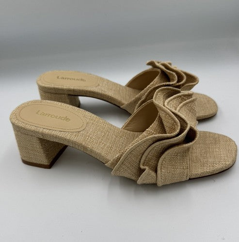 Larroude Brigitte Ruffle Mule Size 7 Beige Raffia Block Heel Sandal Brigite