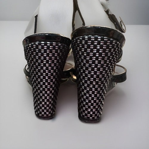 Aquatalia Patent Leather Surprise Wedge Upscale Espadrille Sandals Black, Size 7