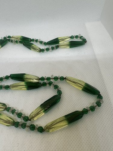 Antique Czech Uranium Vaseline Glass Faceted Bead Necklace Art Deco Flapper 50"