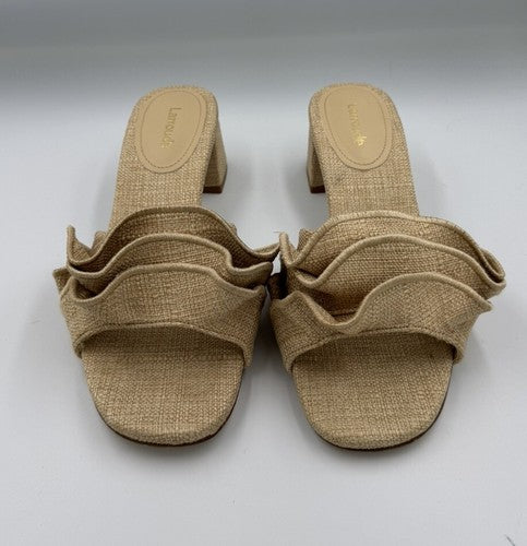 Larroude Brigitte Ruffle Mule Size 7 Beige Raffia Block Heel Sandal Brigite