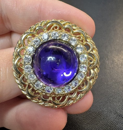 FABULOUS 1980's 1990’s Vintage PURPLE CABOCHON Rhinestone GOLD TONECLIP EARRINGS